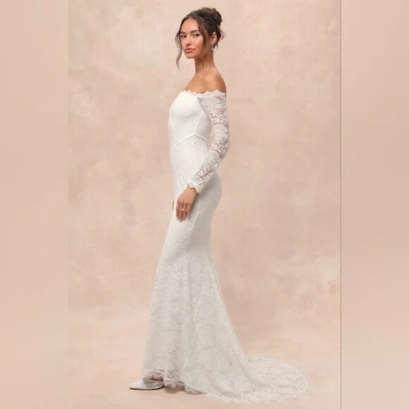 Lulu's Women's Beloved Promise Lace Off-the-Shoulder Mermaid Dress Ivory Size S - Picture 3 of 7